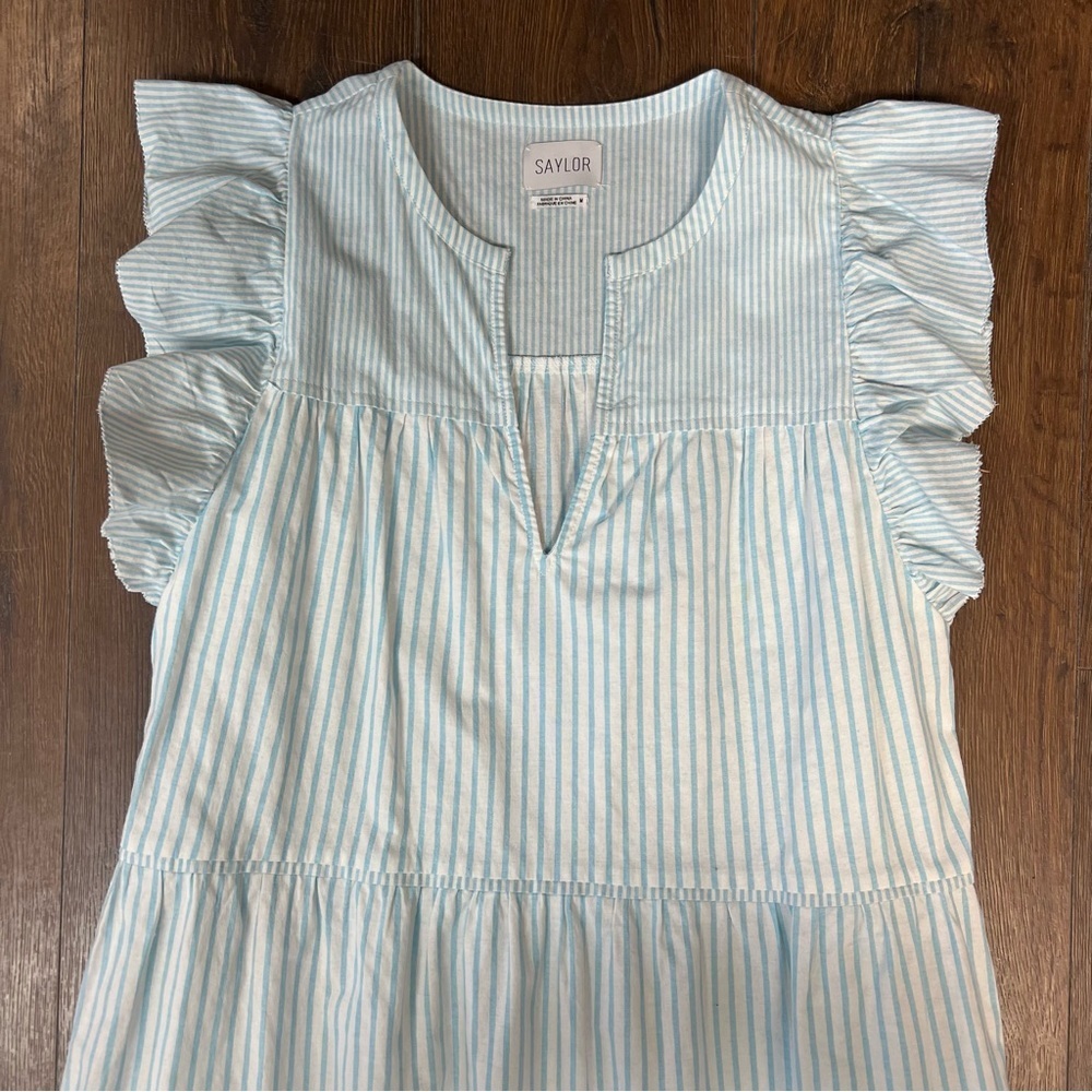 SAYLOR Blue Tiered Flutter‎ Sleeve Striped Sundress SZ MED - Picture 5 of 8